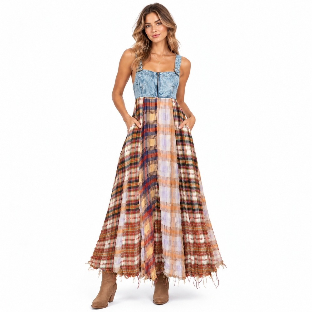 We The Free Mix It Up Maxi Dress Sz 0 Blue Denim Plaid Patchwork Mix Media Boho